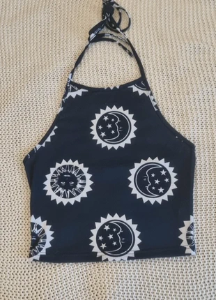 Neckholder Top mit Sonne und Mond Motiv Gr. XS Shein marineblau, merk: Shein, staat: Heel goed, maat: XS / 34 / 6, € 2,00, € 2,80 inclusief Kopersbescherming