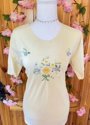 Pastel Yellow Embroidered T-Shirt | Dainty Floral Detail | Cottagecore Style., brand: Cute, condition: Good, size: L / 40 / 12, €8.00, €9.10 includes Buyer Protection
