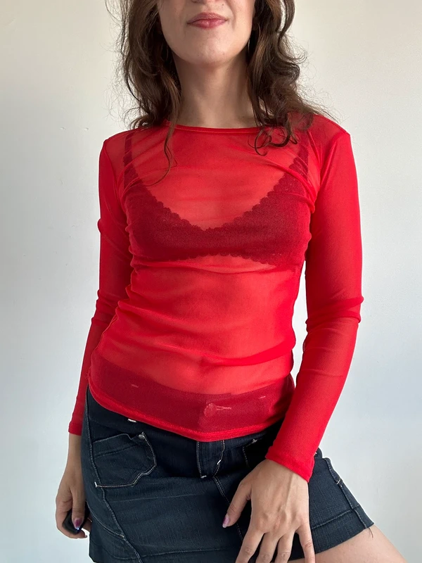 Top rouge transparent à manches longues années 2000 y2k taille S - photo numéro 2