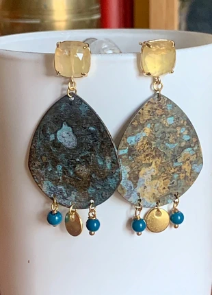Boucles d’oreille laiton oxydé par artisan et citrine, marque: Artisan, état: Très bon état, 45,00 €, 47,95 € Protection acheteurs incluse