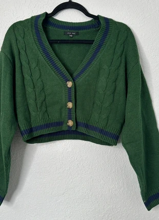 Love Tree Green Cable Knit Cropped Button Up Cardigan Navy Stripe Size L, brand: Love Tree, condition: Very good, size: 12 / L, $15.00, $16.45 includes Buyer Protection