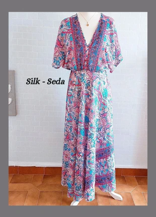 🔥 Vestido Largo Seda 100 % ● Paisley Boho Chic 🔥 India Silk Bohemian Maxi Dress, merk: Manvi, staat: Heel goed, maat: Universele maat, € 18,00, € 19,60 inclusief Kopersbescherming
