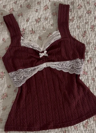 Débardeur bordeaux col en cœur avec dentelle et noeud blanc coquette XS S M L, marque: COQUETTE, état: Très bon état, taille: Autre, 16,50 €, 18,03 € Protection acheteurs incluse