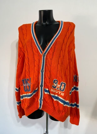 cardigan oversize arancione in cotone made in italy con ricami varsity e righe navy, brand: Vintage Dressing, condizioni: Ottime, taglia: M / IT 42 / EU 38, €15.00, €16.45 include la Protezione acquisti