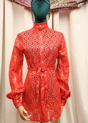 Vintage Sheer Red Gold 70s Puff Sleeve Belted Blouse 8, brand: Vintage Dressing, condition: Very good, size: S / UK 8-10, £25.00, £26.95 includes Buyer Protection