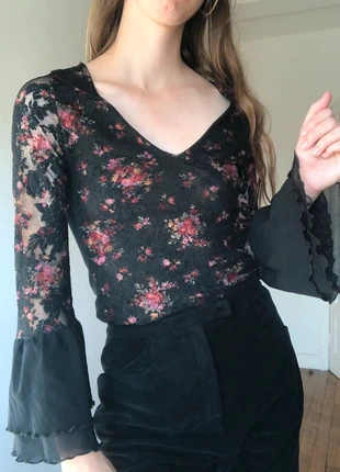 Top manches évasées mesh dentelle col v vintage style bohème sorcière witchy grunge romantique, marque: Vintage Dressing, état: Neuf sans étiquette, taille: S / 36 / 8, 10,00 €, 11,20 € Protection acheteurs incluse