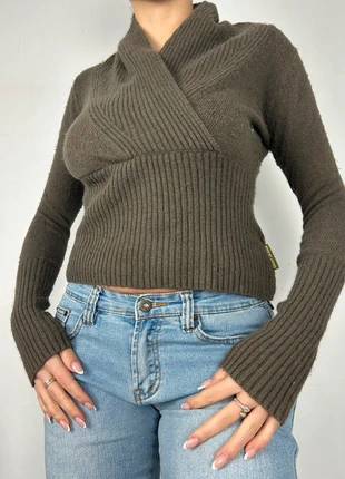 DKNY Pull knitted jumper  kaki col V gilet côtelé 90s y2k vintage pullover, brand: DKNY, condition: Very good, size: S / 36 / 8, €15.00, €16.45 includes Buyer Protection Pro