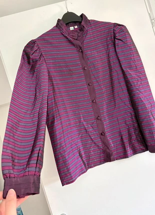 💜 Chemise satinée violette à rayures – Look rétro chic vintage – T. M/L, staat: Heel goed, maat: M / 38 / 10, € 8,00, € 9,10 inclusief Kopersbescherming