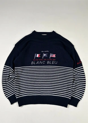 Pull vintage bleu marine à rayures blanche Blanc Bleu designed by Bruno Khayat, merk: Vintage Dressing, staat: Heel goed, maat: XL, € 46,20, € 49,21 inclusief Kopersbescherming Pro