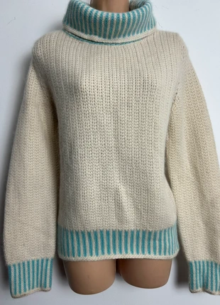 Vintage up to size 12/14 cream & blue stripe funnel neck chunky knit wool jumper, brand: Vintage Dressing, condition: Good, size: L / 12, £18.00, £19.60 includes Buyer Protection Pro