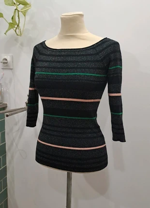 Joli pull brillant lurex à rayures 36 noir vert et rose, marque: Morgan, état: Très bon état, taille: S / 36 / 8, 8,00 €, 9,10 € Protection acheteurs incluse