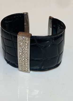 Bracelet jonc manchette similicuir noir et strass, état: Très bon état, 2,00 €, 2,80 € Protection acheteurs incluse