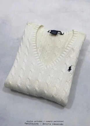 Pull col V Torsadé Polo Ralph Lauren Femme Blanc 100% Coton Old Money Pull over - Taille L /659V, brand: Ralph Lauren, condizioni: Ottime, taglia: L / IT 44 / EU 40, €54.90, €58.35 include la Protezione acquisti Pro