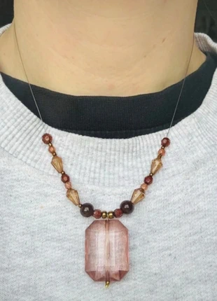 Vintage Style Beaded Necklace Pink Glass Pendant Brown Beads Y2K Boho Jewellery, brand: NO LABEL, condition: Very good, £6.50, £7.53 includes Buyer Protection