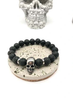 Bracelet crâne acier et perles en pierre gros calibre, staat: Nieuw zonder prijskaartje, € 19,00, € 20,65 inclusief Kopersbescherming Pro