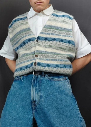 Cardigan / Gilet sans Manches Vintage 80s en Maille Crème Multicolore Motifs Imprimé 51% Laine (XL), marca: Vintage Dressing, estado: Muito bom, tamanho: XL, €20.00, €21.70 inclui Proteção do Comprador Pro
