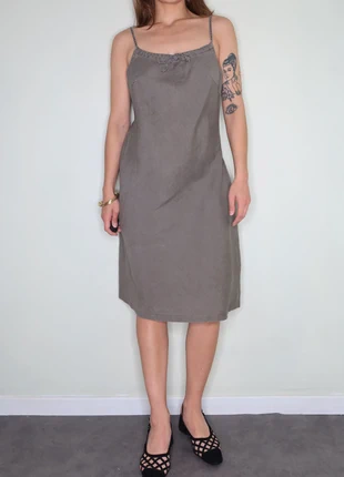 robe ample lin kaki vintage 90s summer linen dress, merk: Vintage Dressing, staat: Heel goed, maat: L / 40 / 12, € 18,00, € 19,60 inclusief Kopersbescherming Pro