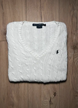 Pull Torsadé Col V Ralph Lauren Blanc Logo Bleu Foncé en Coton Taille M Femme, marca: Ralph Lauren, estado: Muito bom, tamanho: M / 38 / 10, €40.00, €42.70 inclui Proteção do Comprador