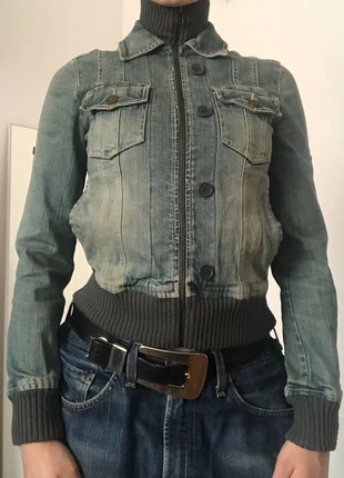 vintage 90s y2k denim jeans zipper zip up fitted fall jacket rib knit longsleeve turtleneck, marque: denim rib zipper, état: Bon état, taille: XS / 34 / 6, 55,00 €, 58,45 € Protection acheteurs incluse