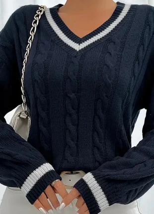 Pull bleu marine à col V rayé – maille torsadée, état: Très bon état, taille: M / 38 / 10, 25,00 €, 26,95 € Protection acheteurs incluse