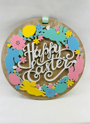 BNWT Happy Easter large 3D Hanging Sign Wood Veneer MDF Laser Cut - Bunny Spring, brand: JDM, condition: New with tags, £6.00, £7.00 includes Buyer Protection