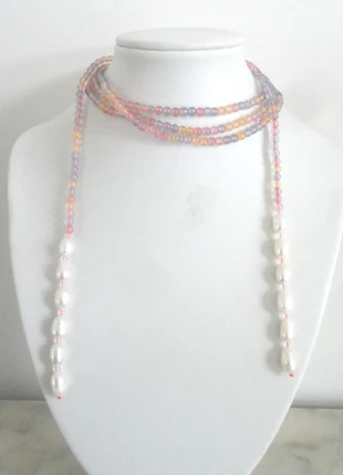 long sautoir de perles précieuses, perle de nacre baroque, pierre morganite naturelle, bijoux rare, marca: Rare, estado: Novo com etiquetas, €120.00, €126.70 inclui Proteção do Comprador