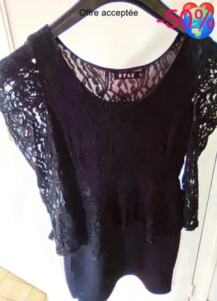 💎 petite robe noire coton côtelé et dentelle épaule bouffante taille s 36 étaz, marque: Etaz, état: Très bon état, taille: S / 36 / 8, 10,00 €, 11,20 € Protection acheteurs incluse