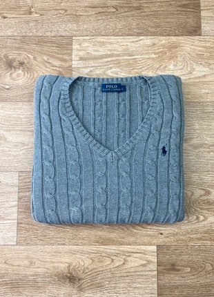 Pull Col V Torsadé Ralph Lauren Gris Femme Logo Bleu Marine Brodé | Taille L | 100% coton, marca: Ralph Lauren, estado: Muito bom, tamanho: L / 40 / 12, €40.00, €42.70 inclui Proteção do Comprador