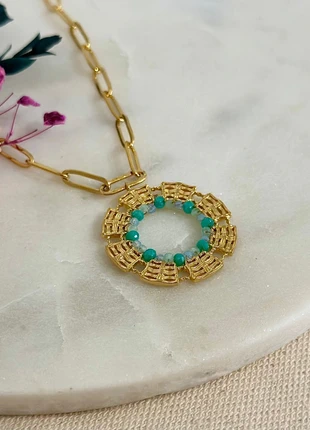 Collier doré grosses mailles pendentif rond et perles bleues - Acier Inoxydable, marque: Boutique Parisienne, état: Très bon état, 20,00 €, 21,70 € Protection acheteurs (Pro) incluse