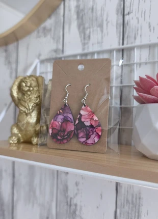 Boucles d'oreilles pendantes légères en bois – Nuances rose, bordeaux & violette, brand: Family-Print, condizioni: Nuovo con cartellino, €6.99, €8.04 include la Protezione acquisti Pro