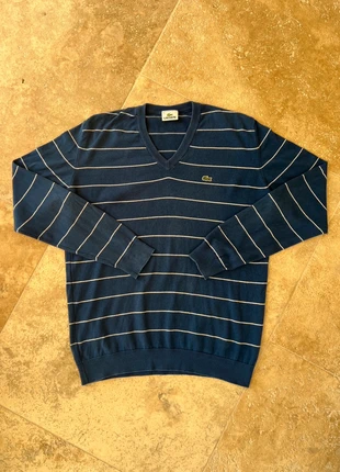 Pull col V Lacoste vintage bleu marine à rayures blanches homme taille L, brand: Lacoste, condition: Very good, size: L, €33.00, €35.35 includes Buyer Protection