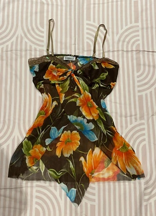 Vintage y2k bruine spaghettibandjes top met oranje bloemen 2000s, marca: Vintage Dressing, estado: Muito bom, tamanho: M / 38 / 10, €16.00, €17.50 inclui Proteção do Comprador
