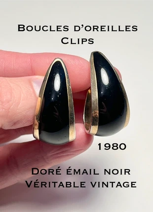 Boucles d’oreilles clip véritable vintage 1980 créole doré émail noir, brand: Vintage Chic, condition: Good, €10.00, €11.20 includes Buyer Protection