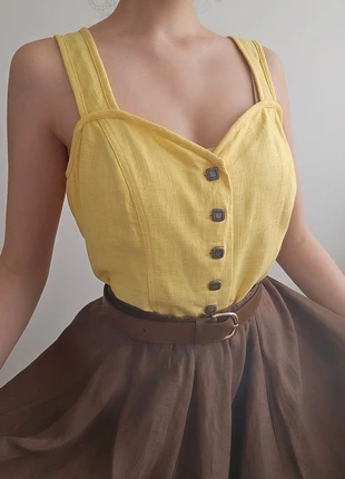 Top en lin cottagecore boutonné jaune moutarde été, brand: Vintage Dressing, condition: Very good, size: L / 40 / 12, €35.00, €37.45 includes Buyer Protection Pro