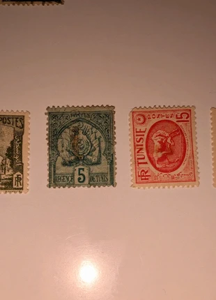 Lot 4 timbres anciens Tunisie Protectorat français – Armoiries, Carthage & Dougga (1900–1950), condition: Good, €3.00, €3.85 includes Buyer Protection