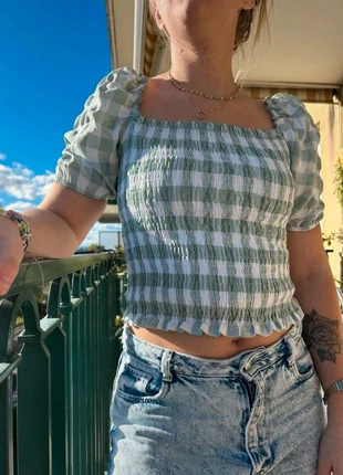 Blouse à carreaux coupe Bardot, marke: Made In Italy, zustand: Sehr gut, größe: M / 38 / 10, 6,00 €, 7,00 € inklusive Vinted-Käuferschutz