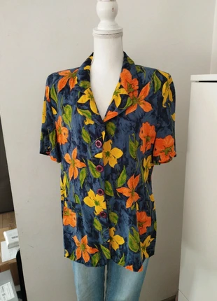Chemise manches courtes à poches imprimée fleurie tropical vintage femme taille 44 taille XXL, merk: Vintage, staat: Heel goed, maat: XXL / 44 / 16, € 6,50, € 7,53 inclusief Kopersbescherming