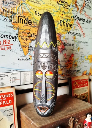 Grand masque noir africain bois sculpté | Décor art tribal aborigène | Art africain, brand: brocante, condition: New without tags, €10.00, €11.20 includes Buyer Protection