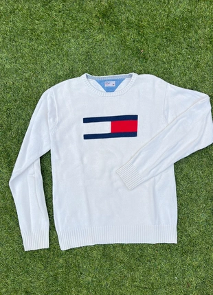 Tommy Hilfiger | Sweater drapeau oversize | Écru | Taille XL | Y2K Classic, merk: Tommy Hilfiger, staat: Heel goed, maat: XL, € 45,00, € 47,95 inclusief Kopersbescherming
