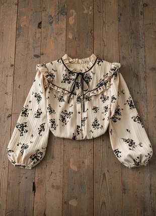 Blouse élégante femme à imprimé floral beige et noir, manches longues - Taille L, marke: LOOK, zustand: Sehr gut, größe: L / 40 / 12, 44,90 €, 47,85 € inklusive Vinted-Käuferschutz