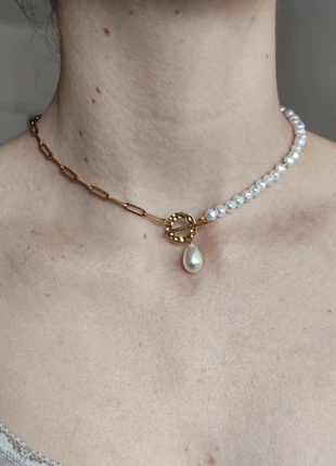 Collier court à perles blanches et maille trombone avec pendentif perle nacrée - acier inoxydable, brand: Vintage Chic, condition: Very good, €14.00, €15.40 includes Buyer Protection Pro