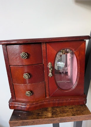 Vintage Wooden Jewellery Box – 3 Drawers & Glass Door Mirrored & Hooked Interior, brand: Reclaimed Vintage, condition: Very good, £22.50, £24.33 includes Buyer Protection