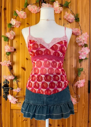 Sheer Lace Camisole | Retro Graphic Print | Mesh Overlay | Coquette Y2K Style | 560., brand: Cute, condition: Very good, size: S / 36 / 8, €17.00, €18.55 includes Buyer Protection