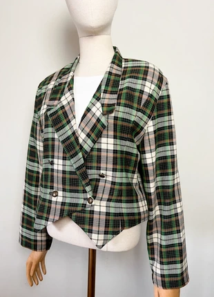Blazer Court Croisé Vintage Tartan Vert/Brun - Fabriqué en France - T. 40 (L), merk: Vintage Dressing, staat: Heel goed, maat: L / 40 / 12, € 26,00, € 28,00 inclusief Kopersbescherming Pro