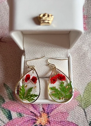 Water drop red flower and leaf resin earrings, brand: Handmade, condition: New without tags, £4.80, £5.74 includes Buyer Protection