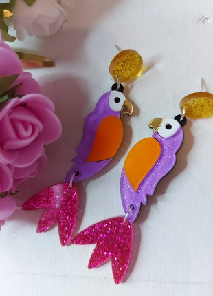 Boucles d'oreilles pendantes perroquets multicolores violets oreilles percées, marca: Accessoires, estado: Muito bom, €7.90, €9.00 inclui Proteção do Comprador