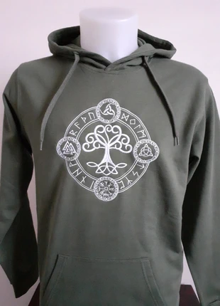 Sweat à capuche vert S brodé motif arbre de vie et symboles viking, merk: Kariban, staat: Heel goed, maat: S, € 18,00, € 19,60 inclusief Kopersbescherming Pro