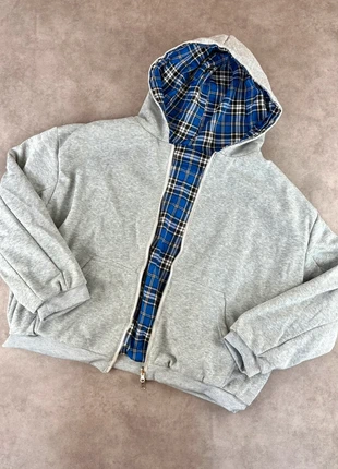 Gilet Y2K gris réversible oversize épais, zip Y2K en coton à motif carreaux bleus - Taille M, marque: Aesthetic, état: Très bon état, taille: M, 45,00 €, 47,95 € Protection acheteurs (Pro) incluse