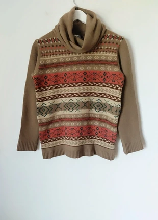 Camisola castanho laranja bege verde lã riscas jacquard gola alta 90s y2k vintage, marca: Vintage Dressing, estado: Muito bom, tamanho: M / 38 / 10, €8.00, €9.10 inclui Proteção do Comprador