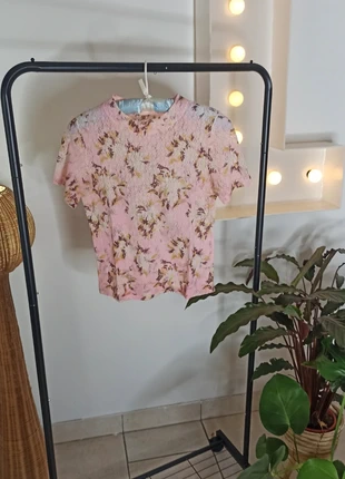 Maglia Vintage Pizzo Floreale Rosa Cipria Marrone Giallo Manica Corta S, staat: Heel goed, maat: S / 36 / 8, € 16,00, € 17,50 inclusief Kopersbescherming